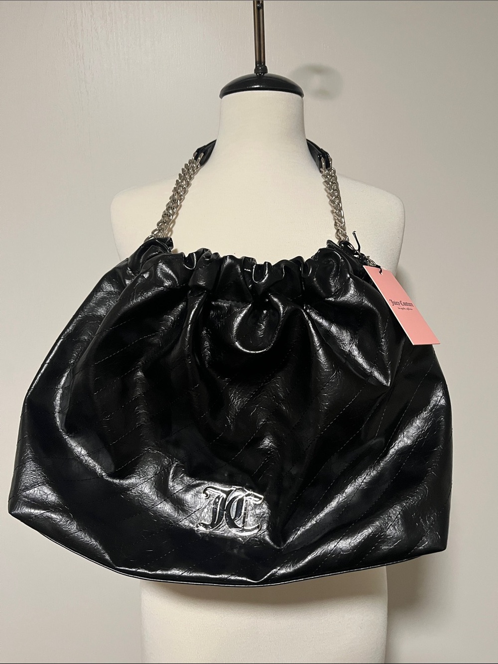 Juicy Couture Black Quilted Shiny Vegan Leather Chain Shoulder Bag